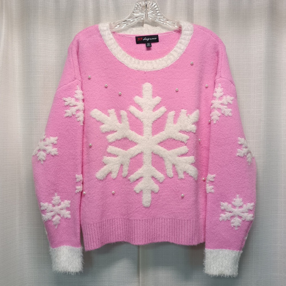 33 Degrees Pink Snowflake Pearl Embellished Knit Sweater XS Holiday Winter